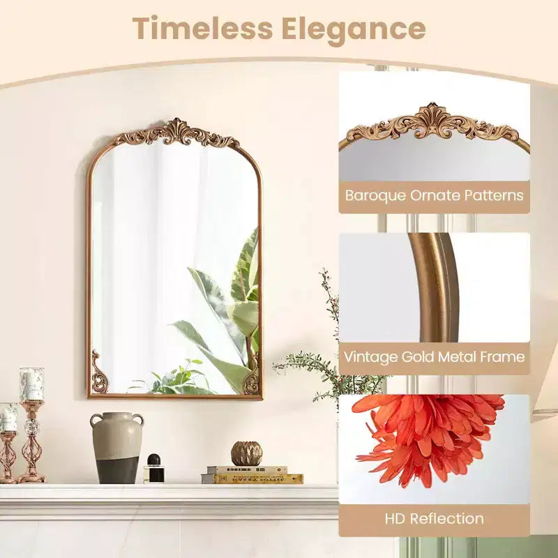 Miroir mural baroque doré orné de style baroque avec cadre en métal