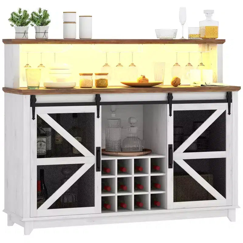 Meuble de bar à café style ferme de 55" avec lumières LED, portes coulissantes de grange et casier à vin
