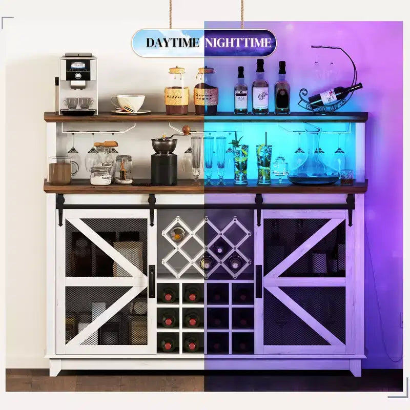 Meuble de bar à café style ferme de 55" avec lumières LED, portes coulissantes de grange et casier à vin
