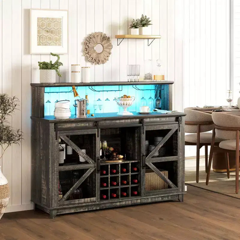 Meuble de bar à café style ferme de 55" avec lumières LED, portes coulissantes de grange et casier à vin