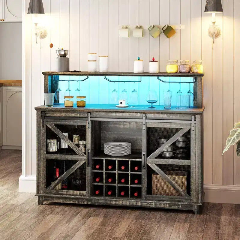 Meuble de bar à café style ferme de 55" avec lumières LED, portes coulissantes de grange et casier à vin