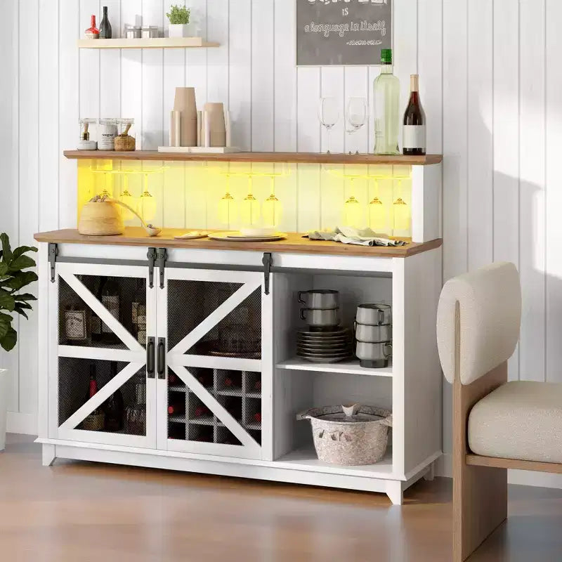 Meuble de bar à café style ferme de 55" avec lumières LED, portes coulissantes de grange et casier à vin
