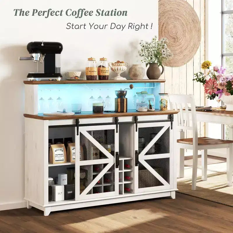 Meuble de bar à café style ferme de 55" avec lumières LED, portes coulissantes de grange et casier à vin
