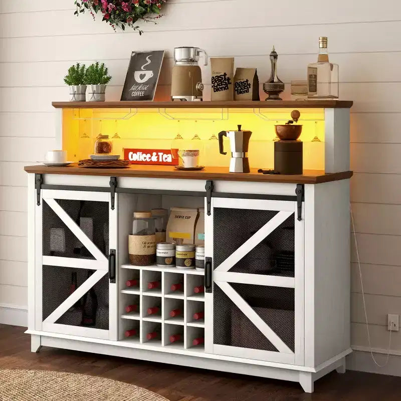 Meuble de bar à café style ferme de 55" avec lumières LED, portes coulissantes de grange et casier à vin