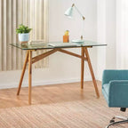 Bureau en bois d'acacia avec plateau en verre, style moderne du milieu du siècle, naturel/vert