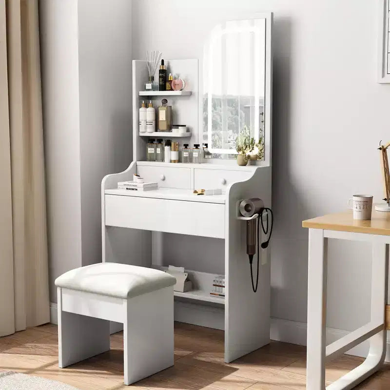 Coiffeuse blanche avec miroir lumineux 3 modes, tiroirs et étagères ouvertes