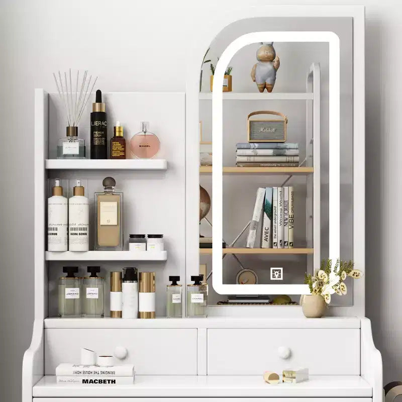 Coiffeuse blanche avec miroir lumineux 3 modes, tiroirs et étagères ouvertes