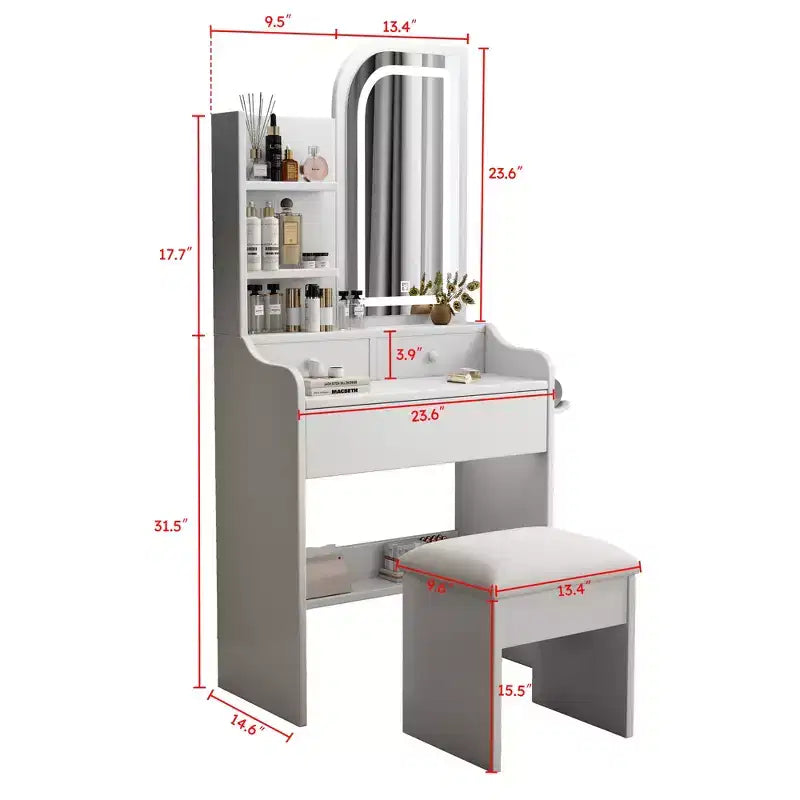 Coiffeuse blanche avec miroir lumineux 3 modes, tiroirs et étagères ouvertes