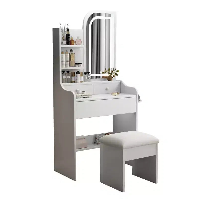 Coiffeuse blanche avec miroir lumineux 3 modes, tiroirs et étagères ouvertes