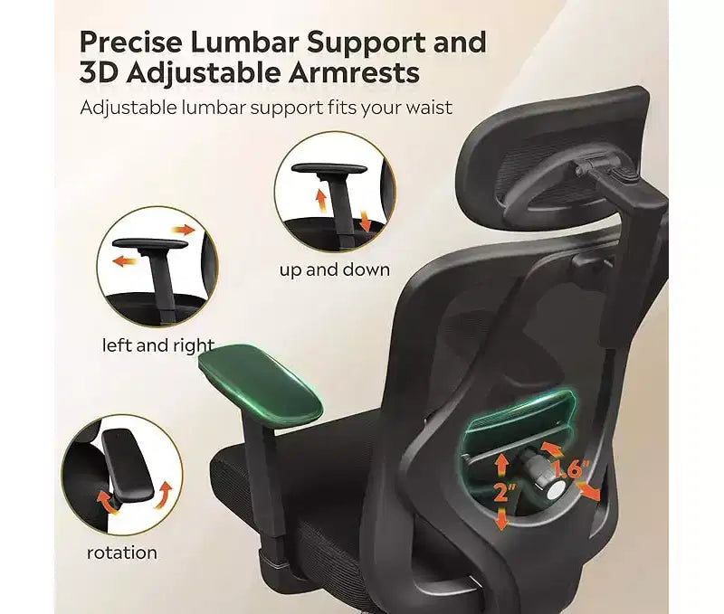 Chaise de bureau ergonomique en maille avec appui-tête 3D, soutien lombaire et fonction d'inclinaison