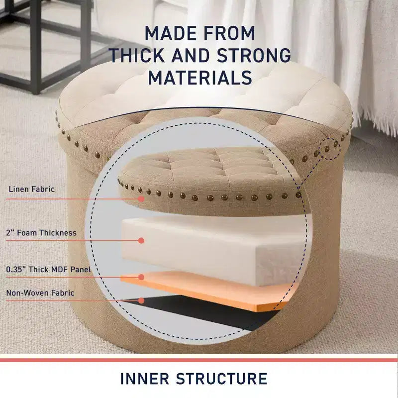 Pouf de rangement pliable rond de 20 po avec garniture cloutée