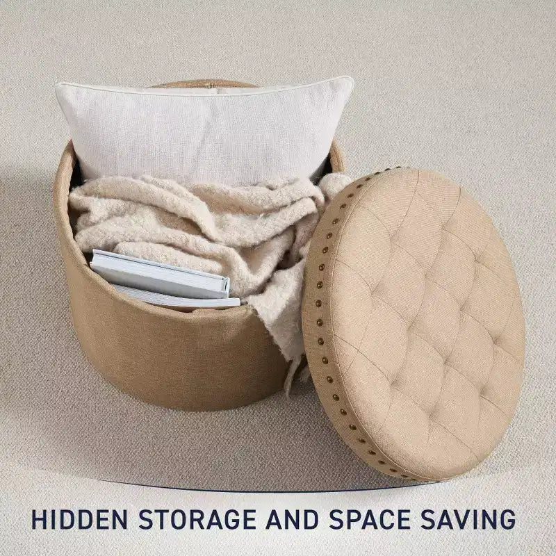 Pouf de rangement pliable rond de 20 po avec garniture cloutée