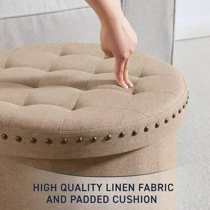 Pouf de rangement pliable rond de 20 po avec garniture cloutée