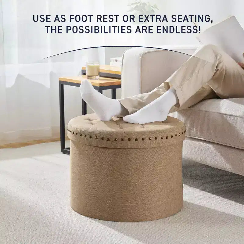 Pouf de rangement pliable rond de 20 po avec garniture cloutée