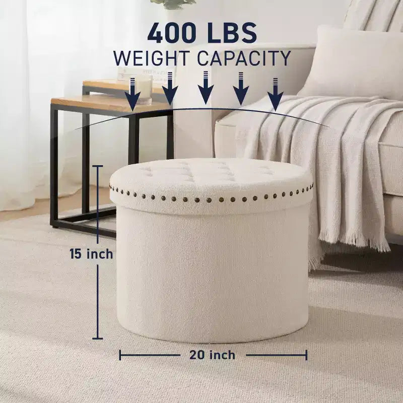 Pouf de rangement pliable rond de 20 po avec garniture cloutée