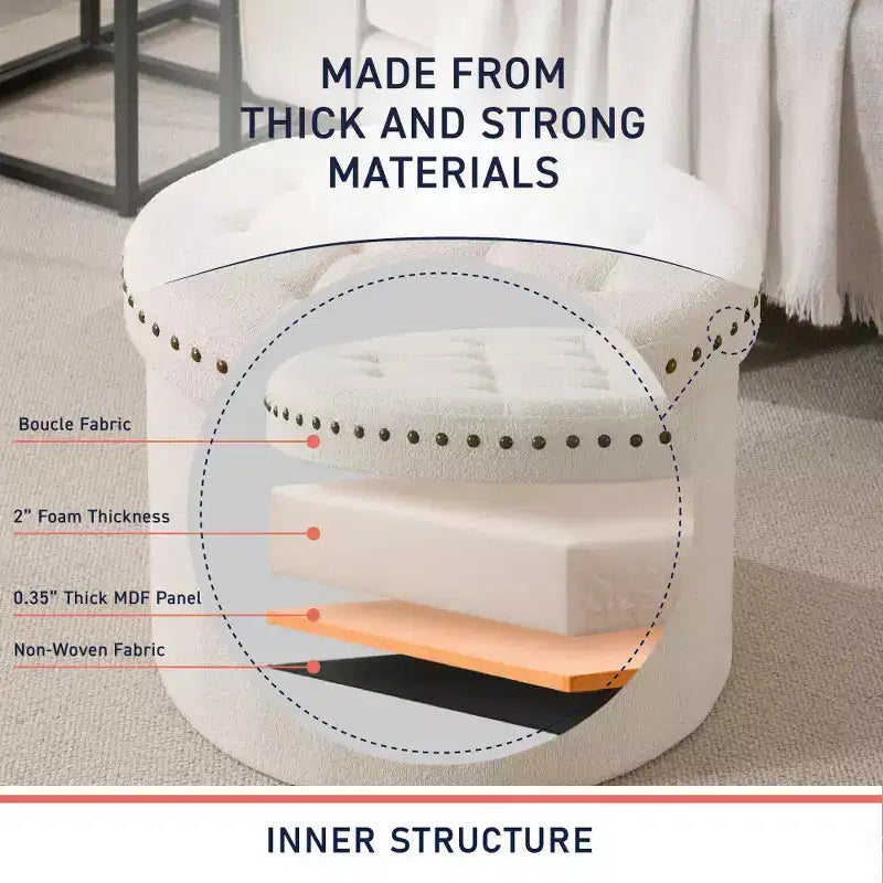 Pouf de rangement pliable rond de 20 po avec garniture cloutée