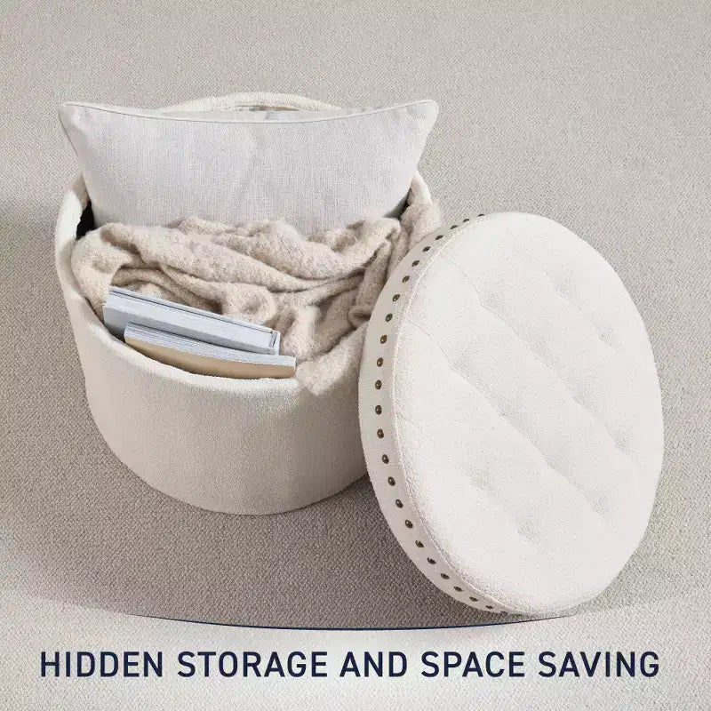 Pouf de rangement pliable rond de 20 po avec garniture cloutée