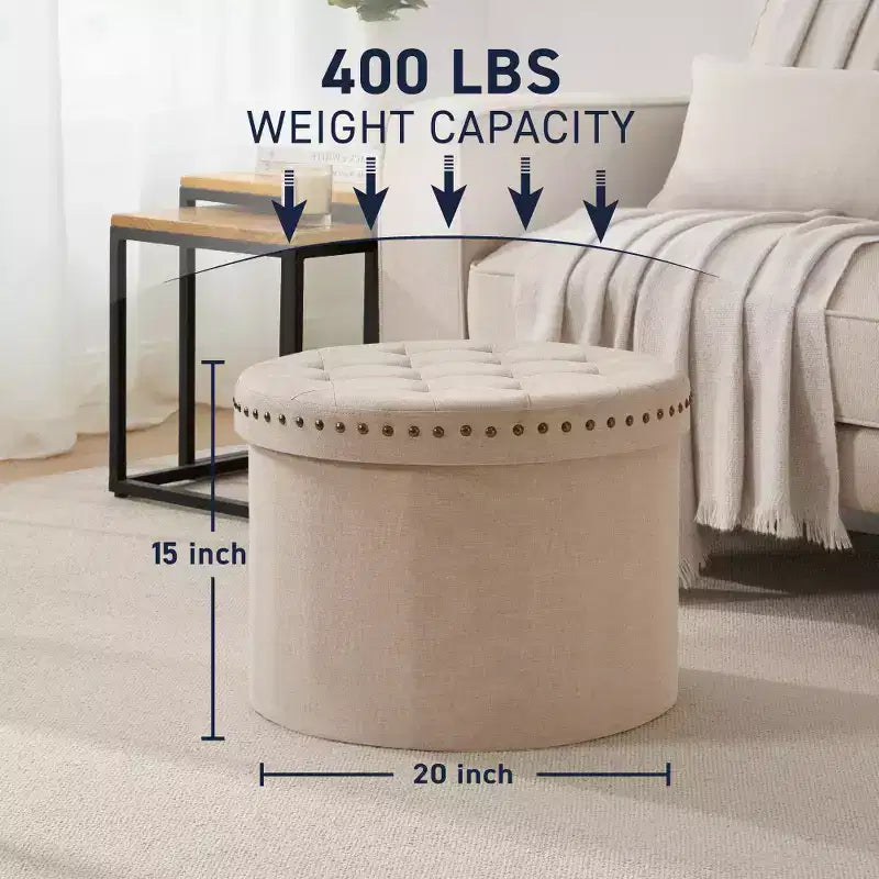 Pouf de rangement pliable rond de 20 po avec garniture cloutée