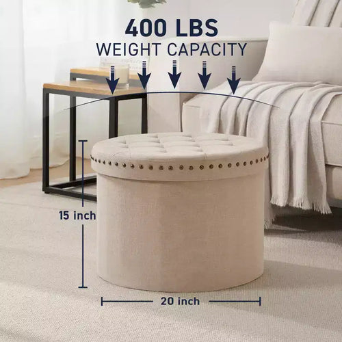 Pouf de rangement pliable rond de 20 po avec garniture cloutée