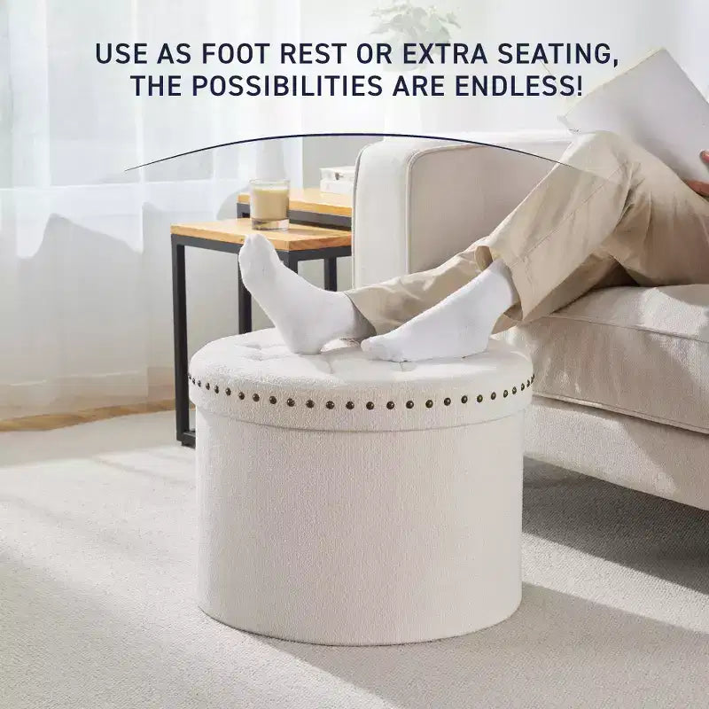 Pouf de rangement pliable rond de 20 po avec garniture cloutée