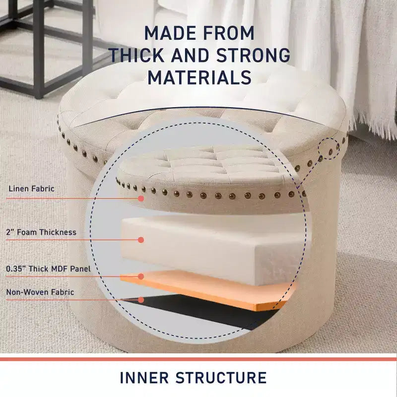 Pouf de rangement pliable rond de 20 po avec garniture cloutée