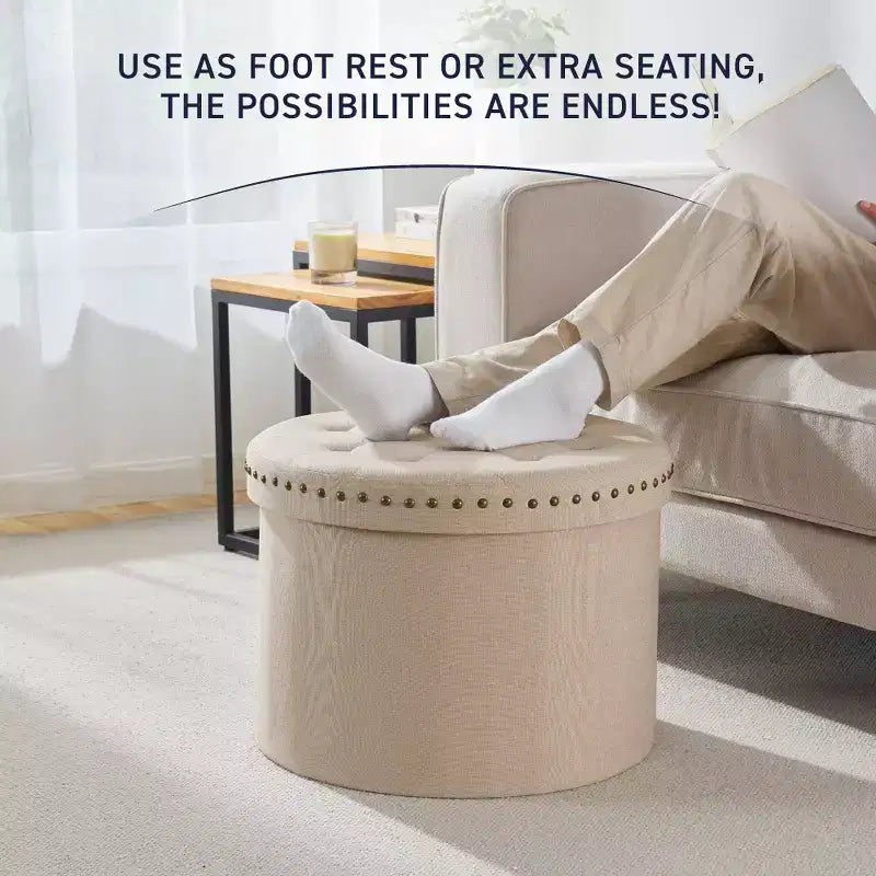 Pouf de rangement pliable rond de 20 po avec garniture cloutée