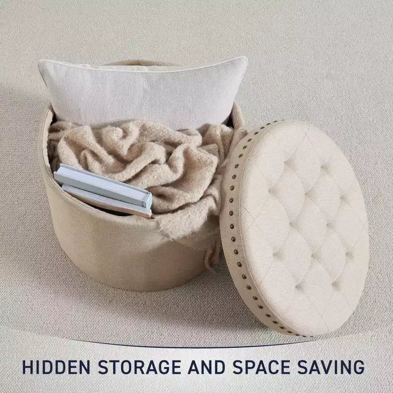 Pouf de rangement pliable rond de 20 po avec garniture cloutée