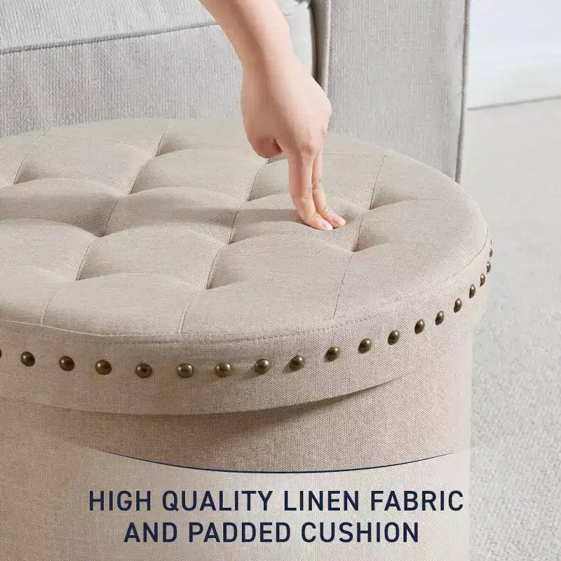 Pouf de rangement pliable rond de 20 po avec garniture cloutée