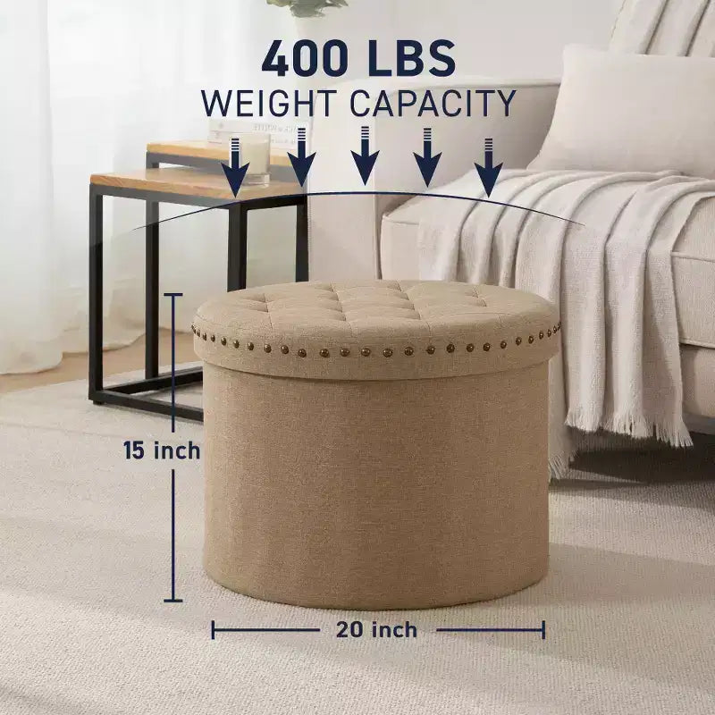 Pouf de rangement pliable rond de 20 po avec garniture cloutée