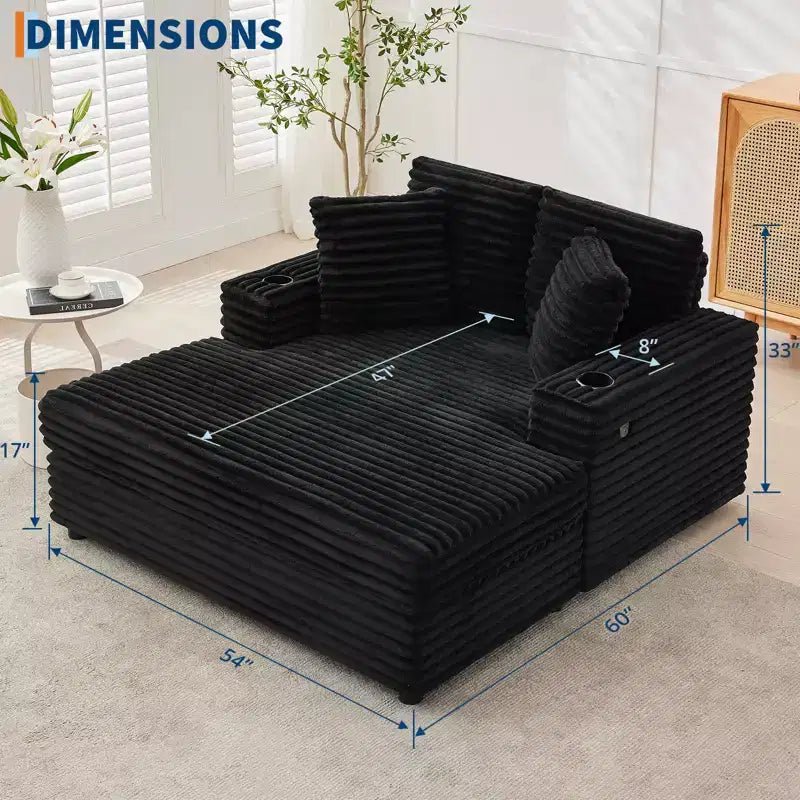 Chauffeuse surdimensionnée en velours côtelé de 137 cm avec station de charge et porte-gobelets