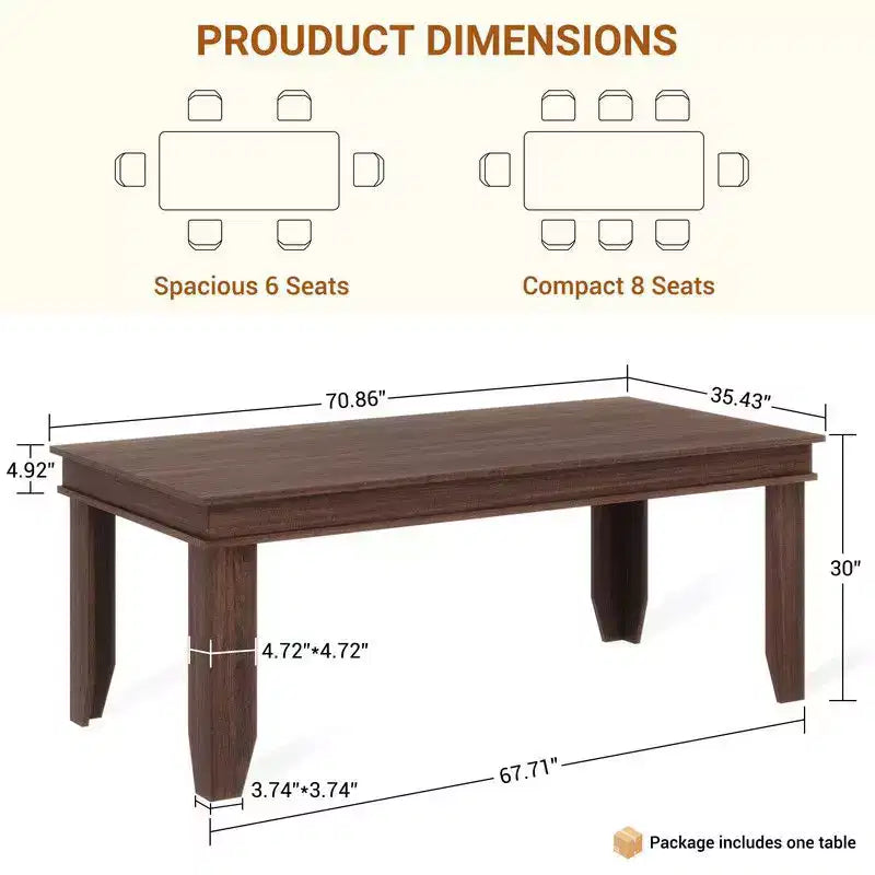 Table à manger de ferme en bois de 180 cm pour 6 à 8 personnes