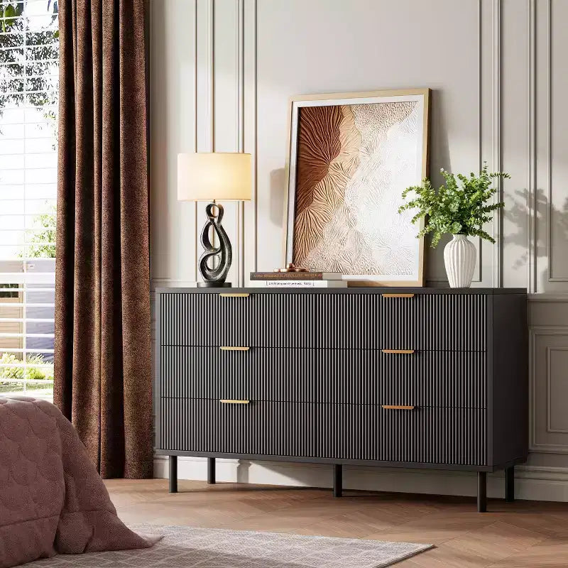 Commode cannelée vague avec dispositif anti-basculement, Grande table de chevet en bois avec rangement et pieds en métal