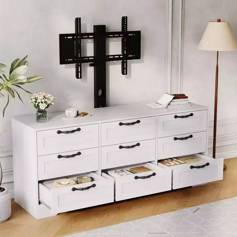 Commode à 9 tiroirs Meuble TV avec support réglable pour téléviseurs de 32" à 85", Blanc