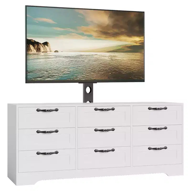 Commode à 9 tiroirs Meuble TV avec support réglable pour téléviseurs de 32" à 85", Blanc