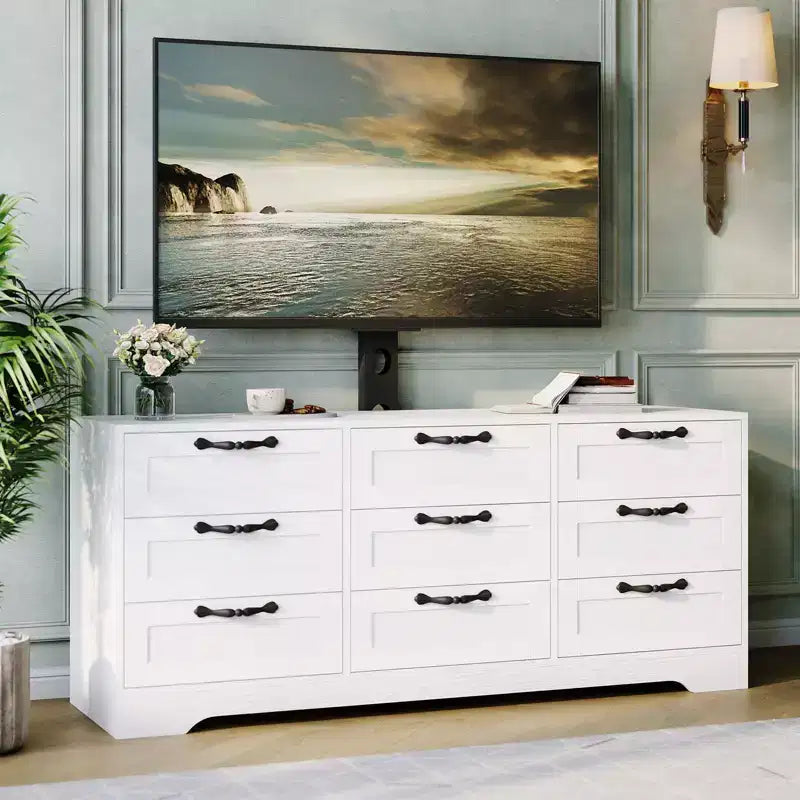 Commode à 9 tiroirs Meuble TV avec support réglable pour téléviseurs de 32" à 85", Blanc