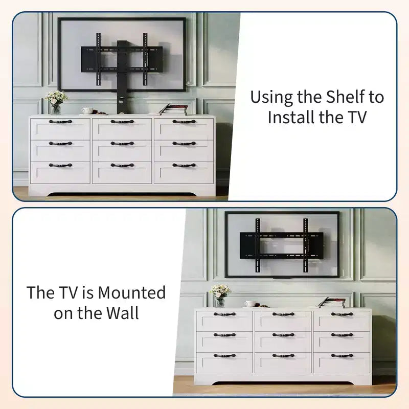 Commode à 9 tiroirs Meuble TV avec support réglable pour téléviseurs de 32" à 85", Blanc