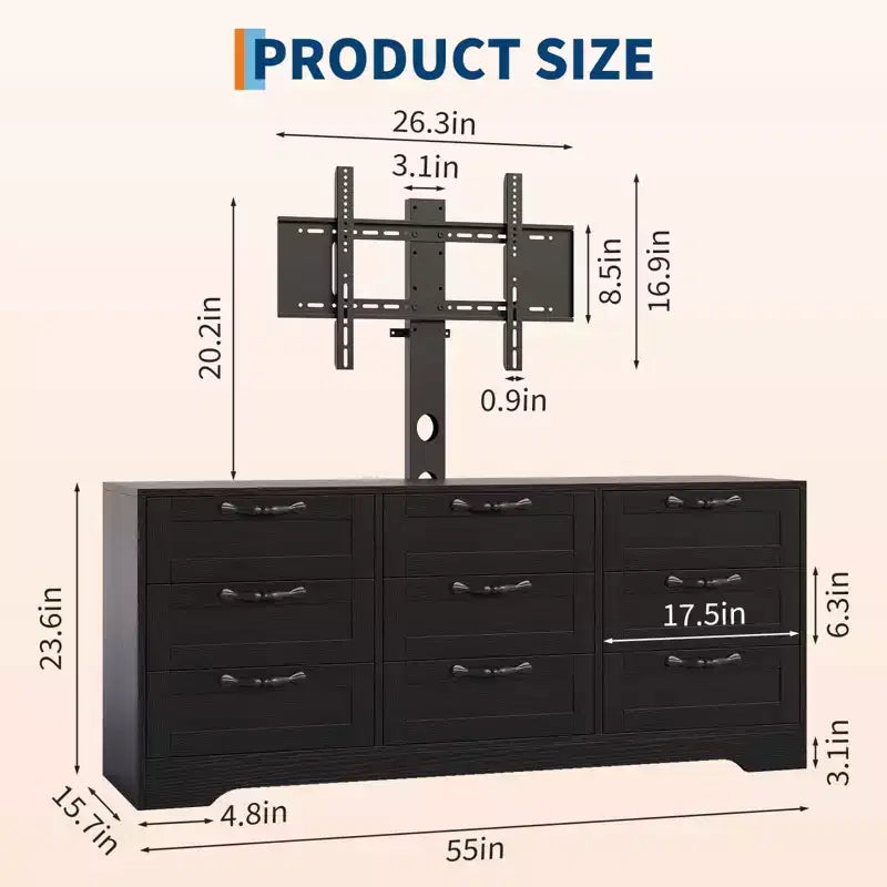 Commode à 9 tiroirs Meuble TV avec support réglable pour téléviseurs de 32" à 85", Blanc