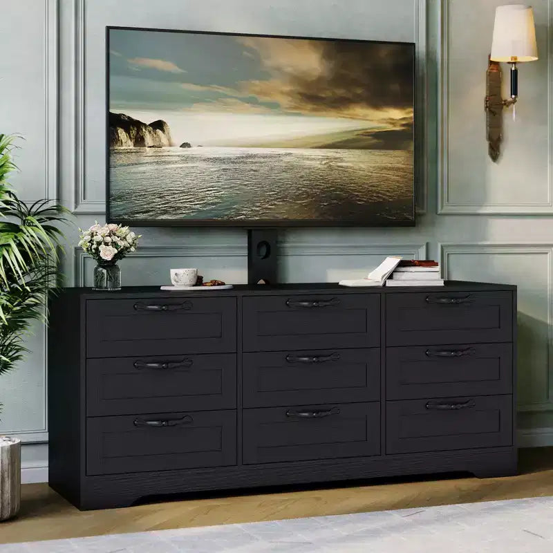 Commode à 9 tiroirs Meuble TV avec support réglable pour téléviseurs de 32" à 85", Blanc