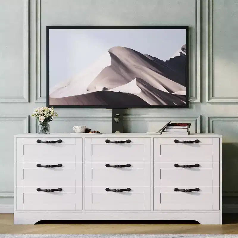 Commode à 9 tiroirs Meuble TV avec support réglable pour téléviseurs de 32" à 85", Blanc