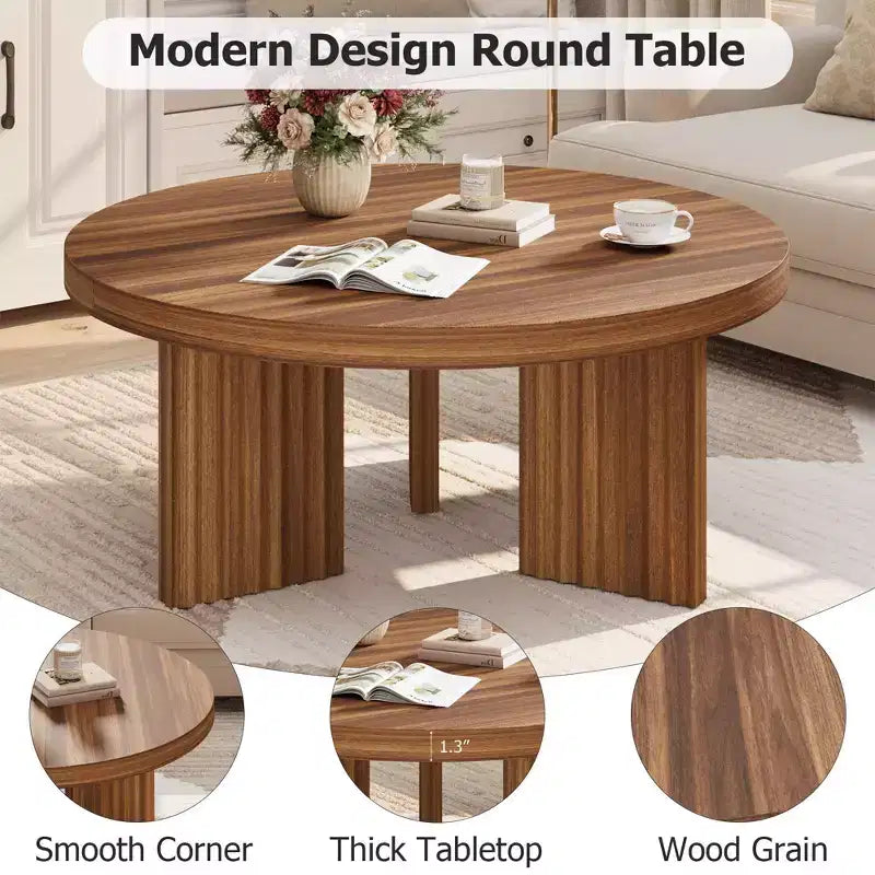 Table basse ronde de 84,8 cm avec plateau épais et pieds cannelés