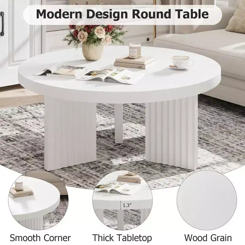 Table basse ronde de 84,8 cm avec plateau épais et pieds cannelés
