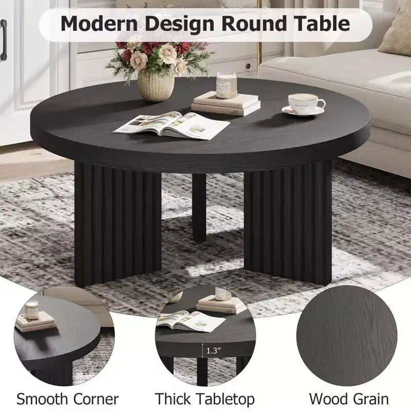 Table basse ronde de 84,8 cm avec plateau épais et pieds cannelés