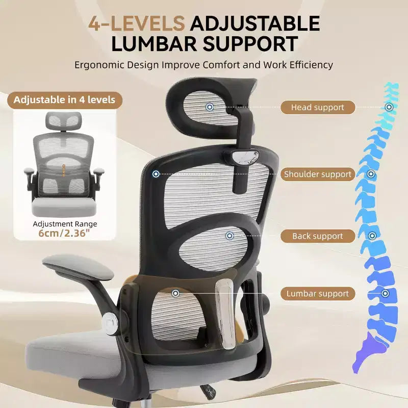 Chaise de bureau ergonomique en maille à dossier haut avec appui-tête et soutien lombaire