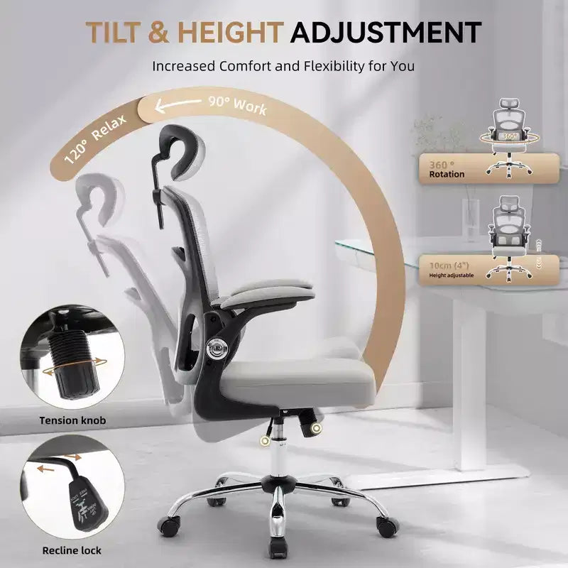 Chaise de bureau ergonomique en maille à dossier haut avec appui-tête et soutien lombaire