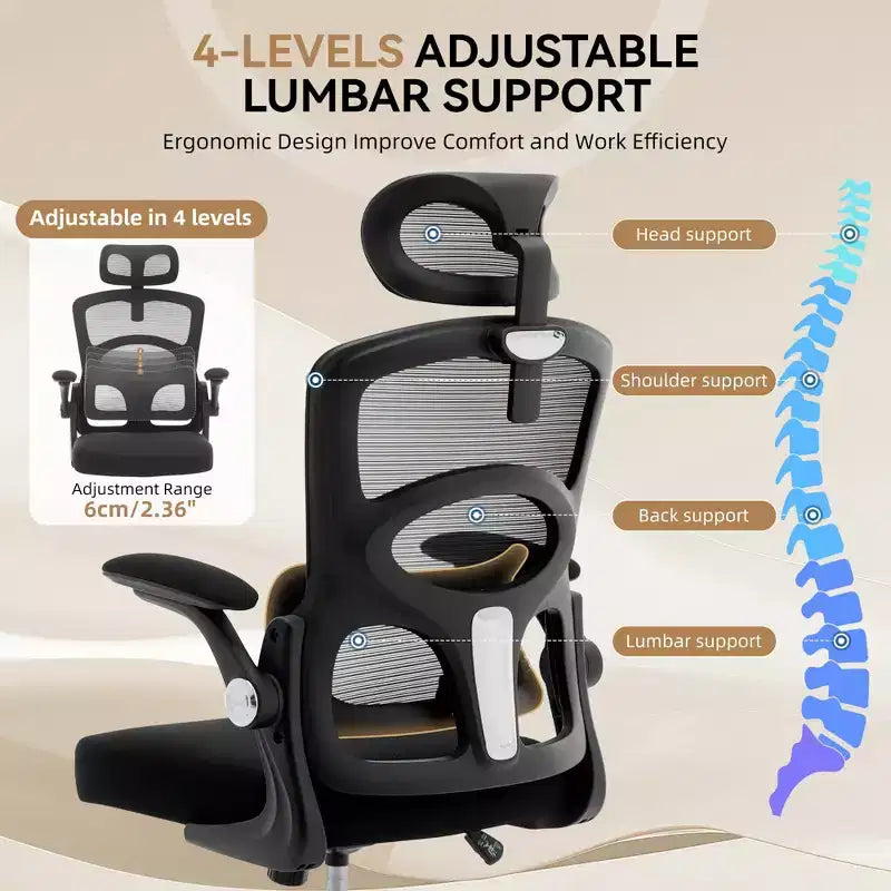 Chaise de bureau ergonomique en maille à dossier haut avec appui-tête et soutien lombaire