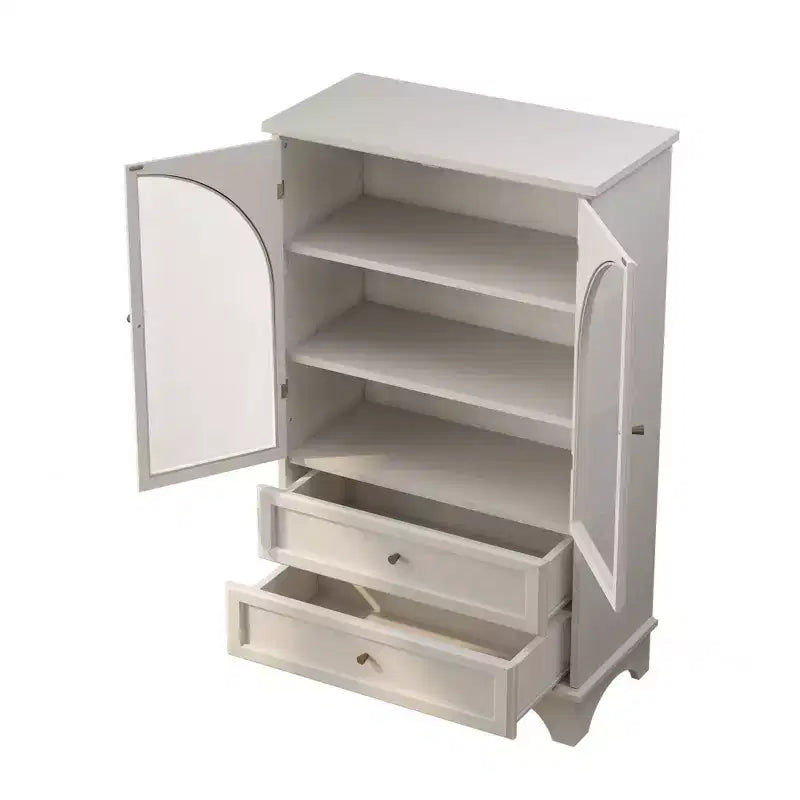 Vitrine de présentation blanche de 132 cm de haut avec porte en verre, 2 tiroirs et étagères réglables