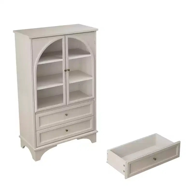 Vitrine de présentation blanche de 132 cm de haut avec porte en verre, 2 tiroirs et étagères réglables