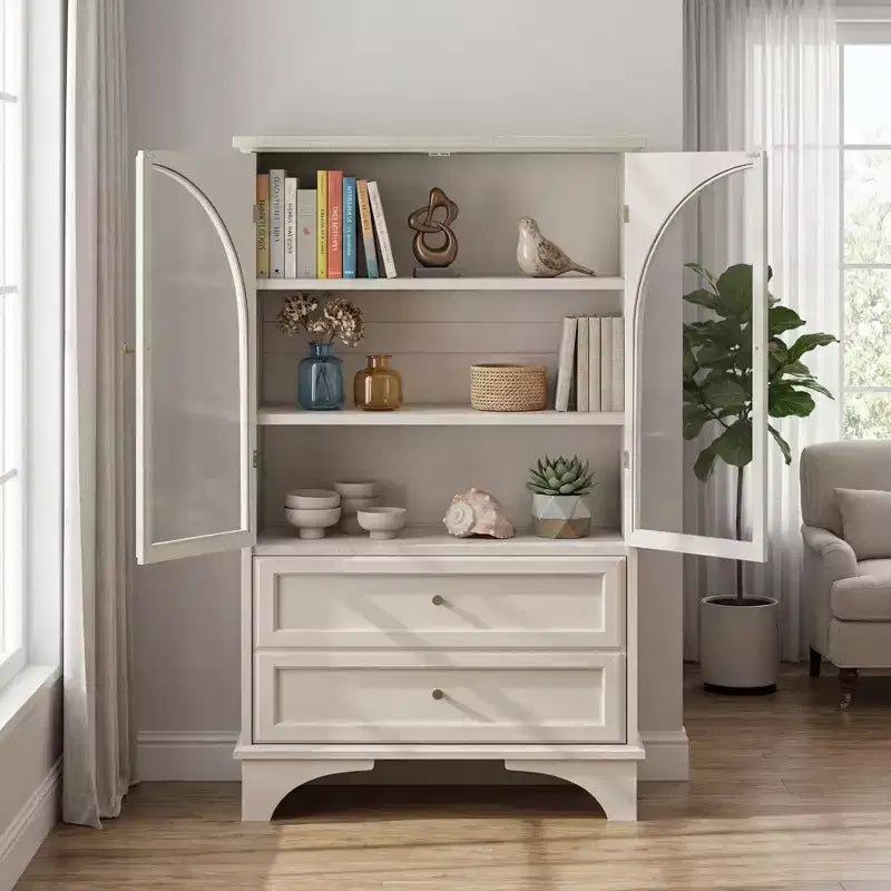 Vitrine de présentation blanche de 132 cm de haut avec porte en verre, 2 tiroirs et étagères réglables