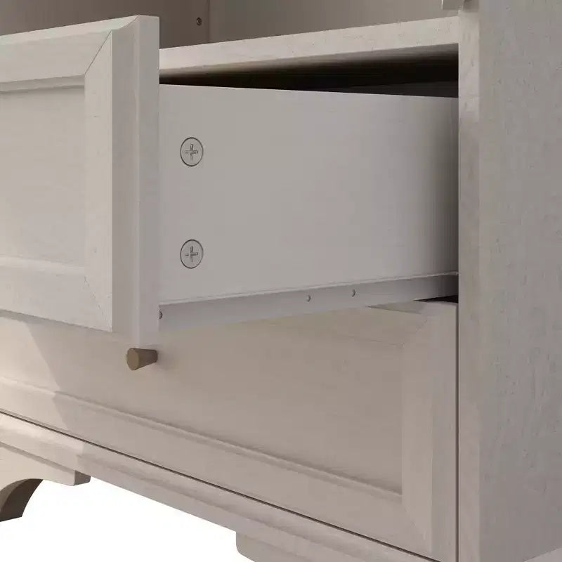 Vitrine de présentation blanche de 132 cm de haut avec porte en verre, 2 tiroirs et étagères réglables