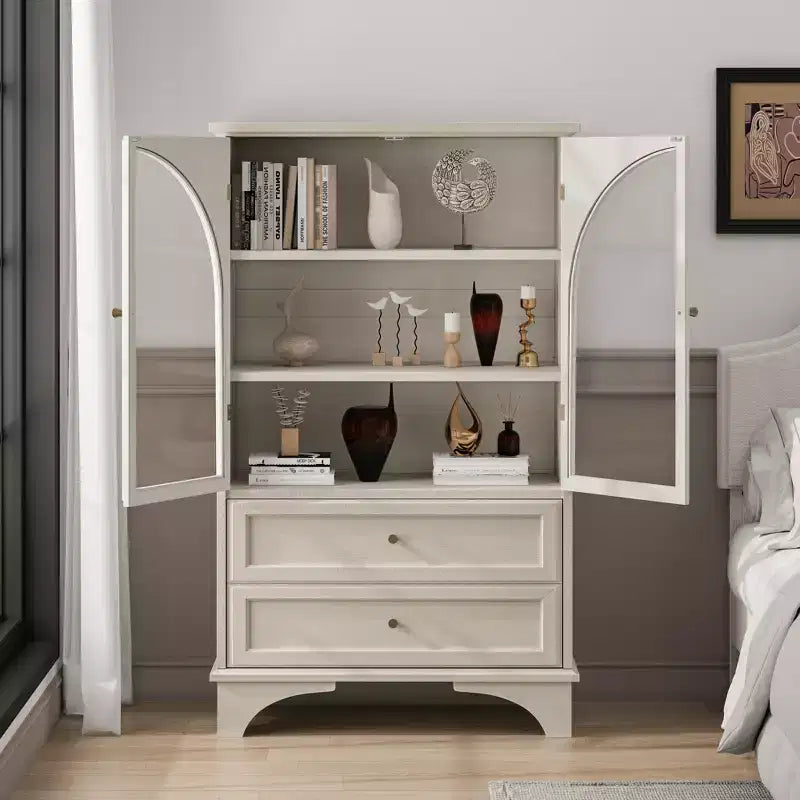 Vitrine de présentation blanche de 132 cm de haut avec porte en verre, 2 tiroirs et étagères réglables